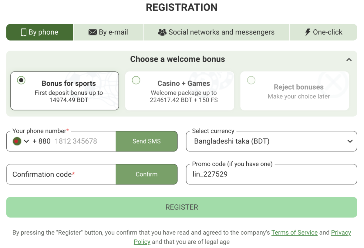 sign up using the promo code linebet